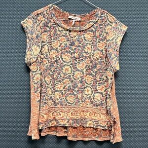 Free People Short Sleeve Mosaic Floral Tee in Orange and Black